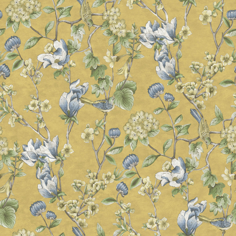 W1366601H Timeless and elegant floral bird trail in ochre on heavyweight wallpaper.