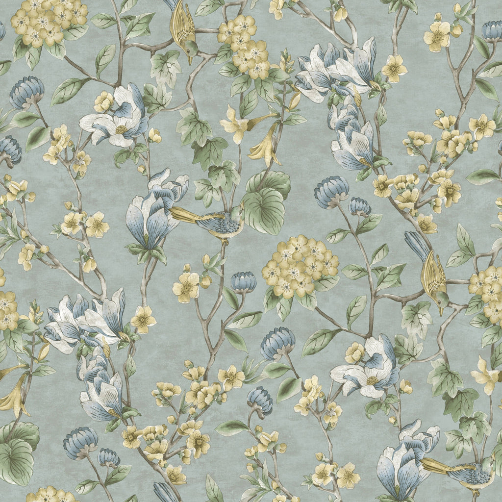 W1367702H Timeless and elegant floral bird trail in blue on heavyweight wallpaper.