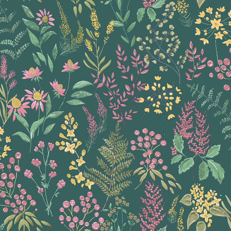 W1368860H Beautiful botanical floral motif in teal green with pretty pink. Heavyweight wallpaper.