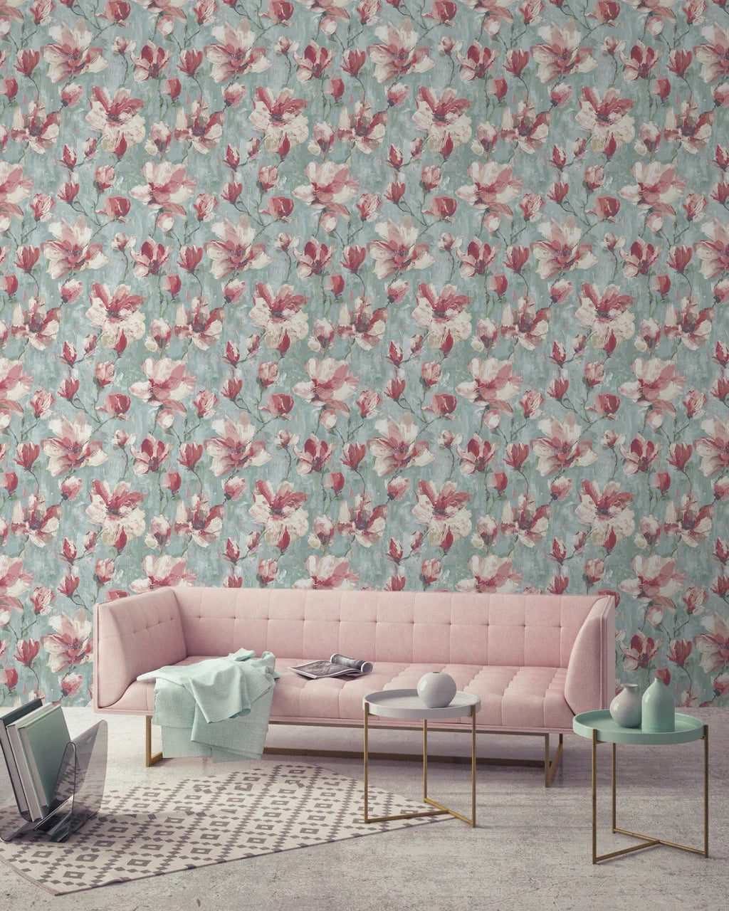 NA7299401g Fabulous 'painted effect' floral in gorgeous pink tones on a soft teal blue background. Textured paste the wall vinyl.