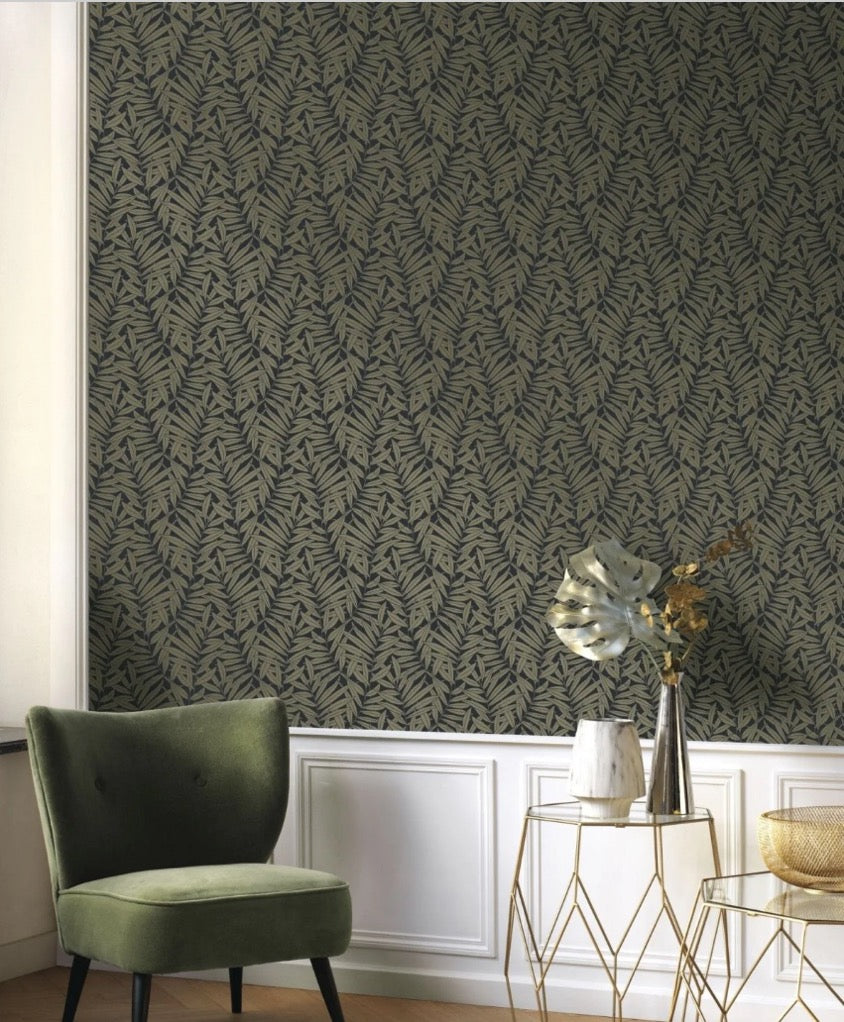 ND89317684cd Fabulous flowing green leaf motif set against a deep background. Designer paste the wall wallpaper. ***PLEASE NOTE: This wallpaper is a special order product and therefore delivery will take approx. 10 working days.