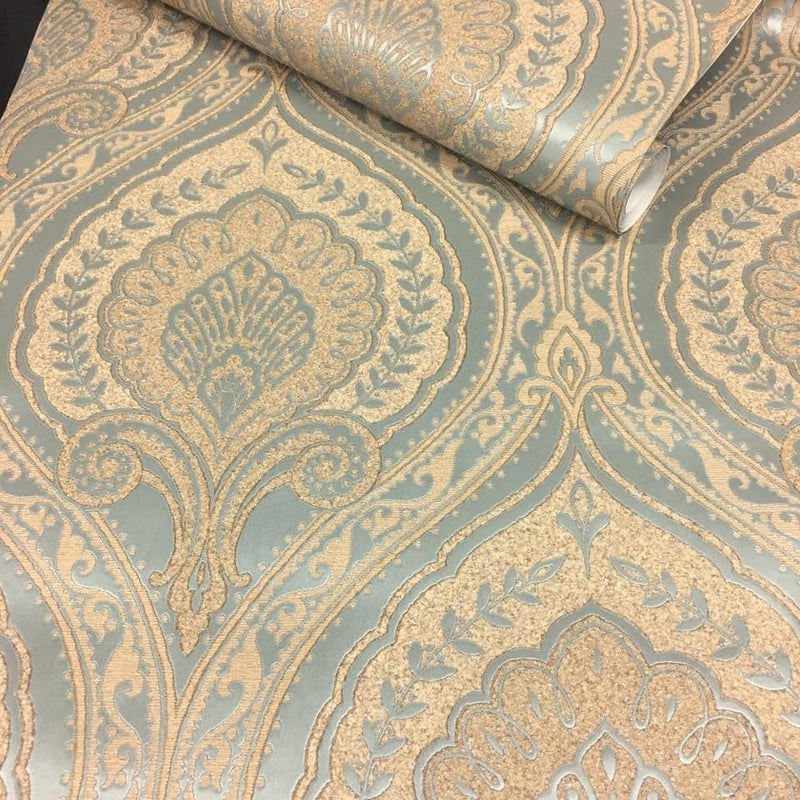 NJC3055094di Beautiful Moroccan inspired damask pattern with gorgeous 'granite effect' detail in green and gold tones. Paste the wall vinyl. Excellent quality and easy to hang.