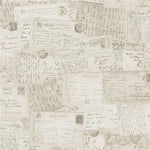 POB-010-01-5 Funky wallpaper featuring vintage style handwritten postcards in neutral beige tones.