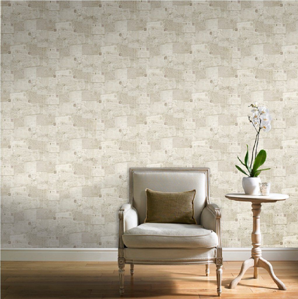 POB-010-01-5 Funky wallpaper featuring vintage style handwritten postcards in neutral beige tones.