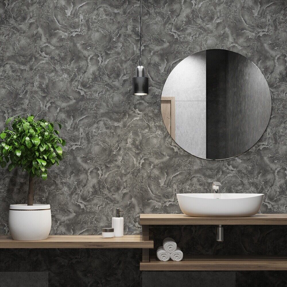 VHGB160090B Beautiful luxurious marble in gorgeous gunmetal tones with shimmering detail on heavy weight Italian vinyl.