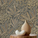 WM173385FD Fabulous leaf motif with shimmering golden highlights on a gorgeous rich navy background. Textured blown vinyl.