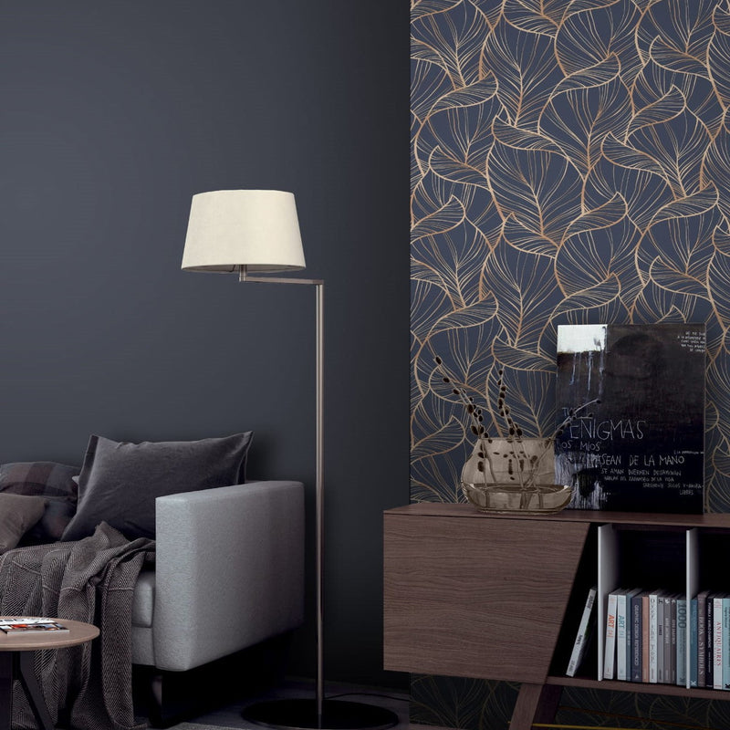 nv69177801r Beautiful overlapping flowing leaf motif in beautiful rose gold on a gorgeous navy background. Paste the wall vinyl.