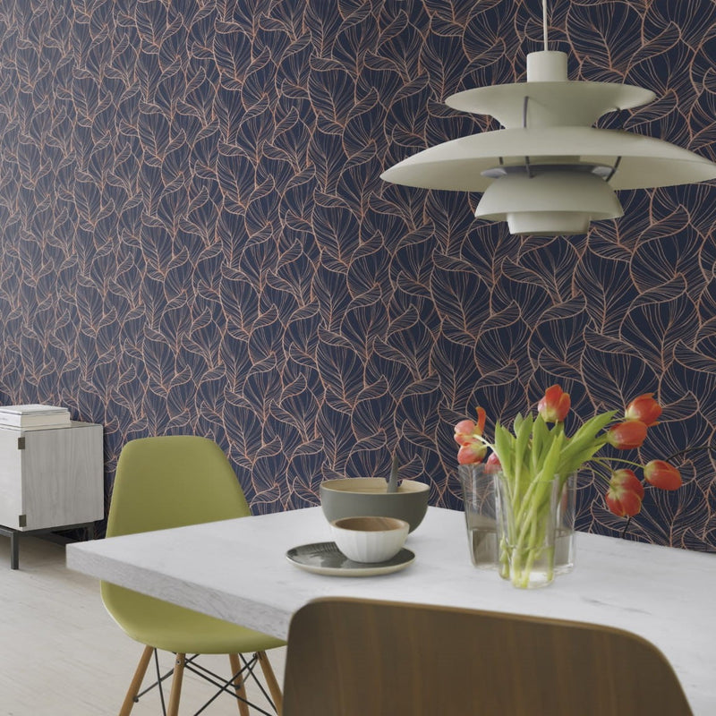 nv69177801r Beautiful overlapping flowing leaf motif in beautiful rose gold on a gorgeous navy background. Paste the wall vinyl.