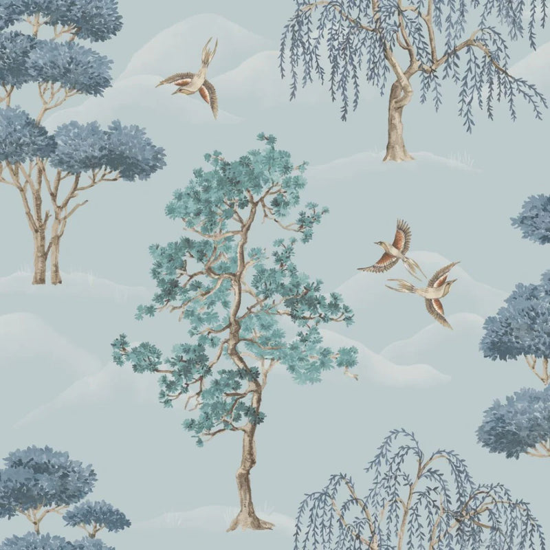 w28377883r Fabulous blue willow woodland tree design with gorgeous flying birds.
