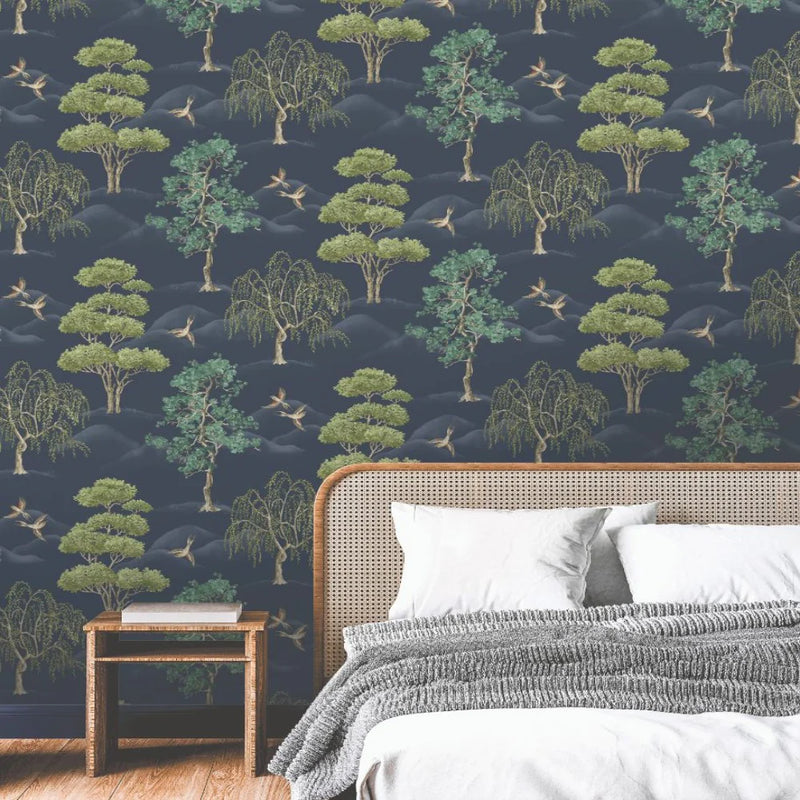 w28377869r Fabulous navy willow woodland tree design with gorgeous flying birds.