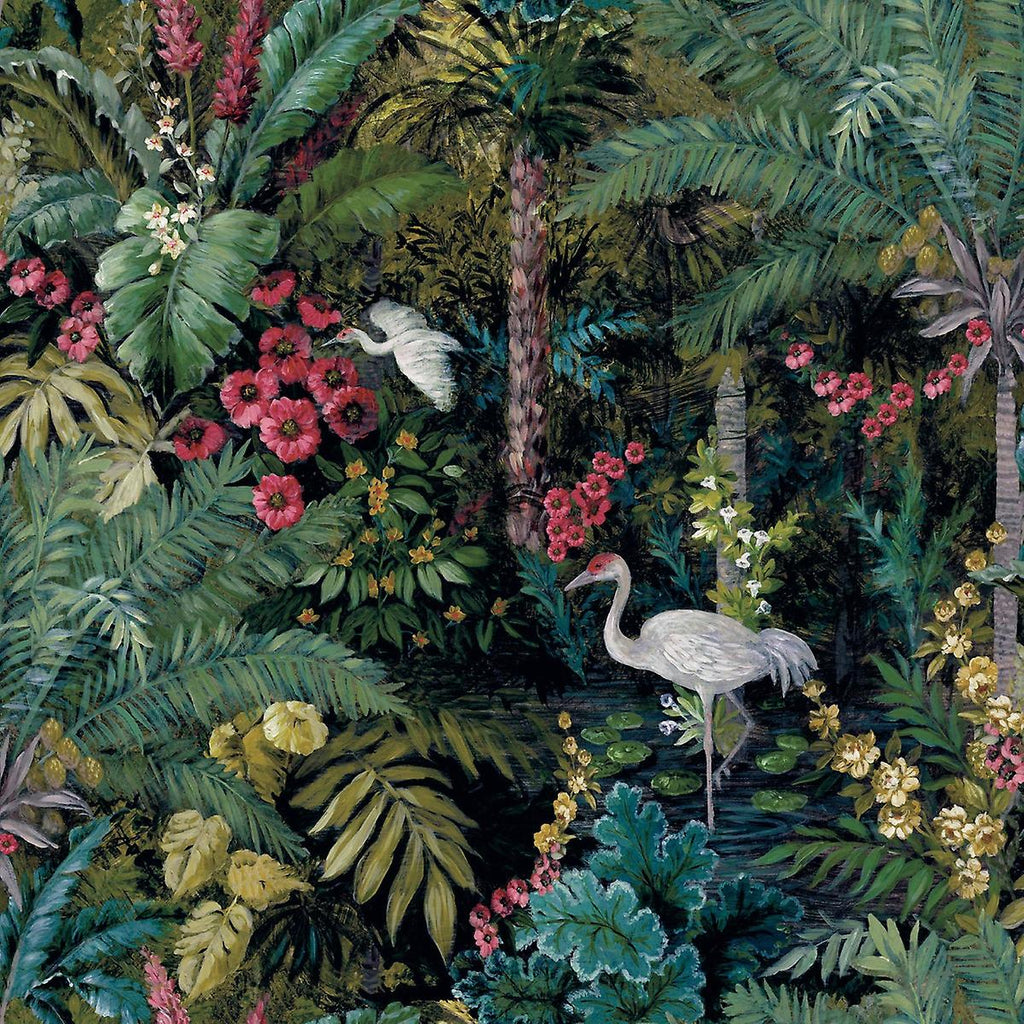 w1310081H Beautiful ‘hand-painted’ effect set paradise design featuring beautiful cranes with exotic plants and flowers. Gorgeous pink, golden, green and blue tones set on a black background. Heavy weight wallpaper.
