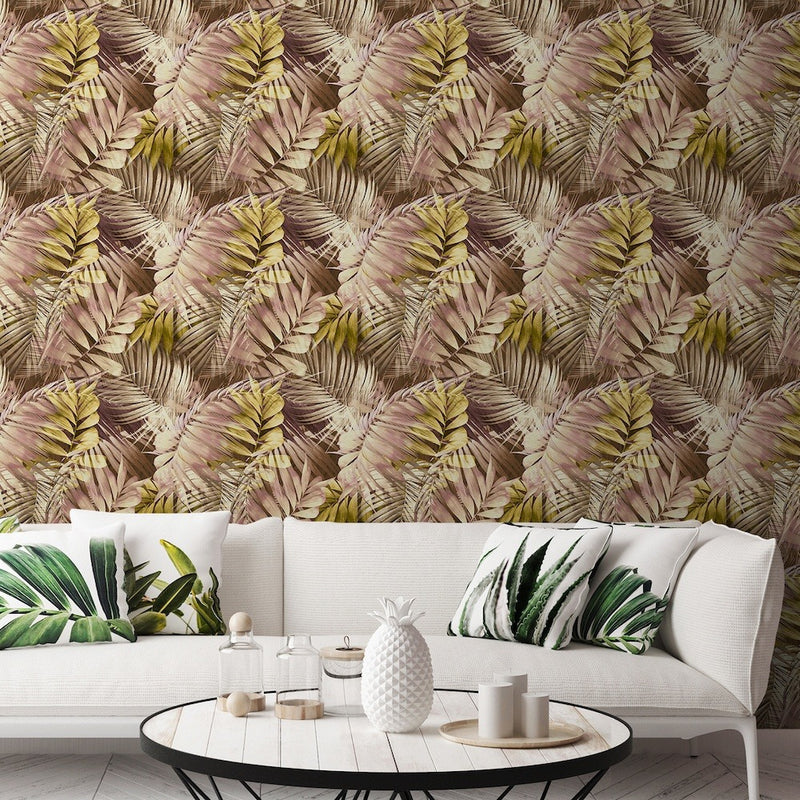 nv17088703g Fabulous blush pink and ochre palm leaf design. Paste the wall vinyl.