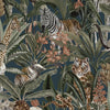 w1307712H Trendy eye-catching jungle wallpaper design set against a gorgeous navy background with beautiful safari animals and foliage. High quality wallpaper.