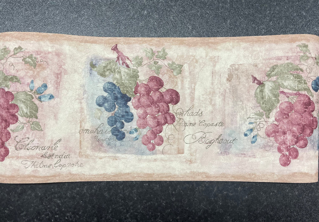 Border B.49915 Vintage wide wallpaper border with scroll writing and grapes. 17.6cm x 5m long.