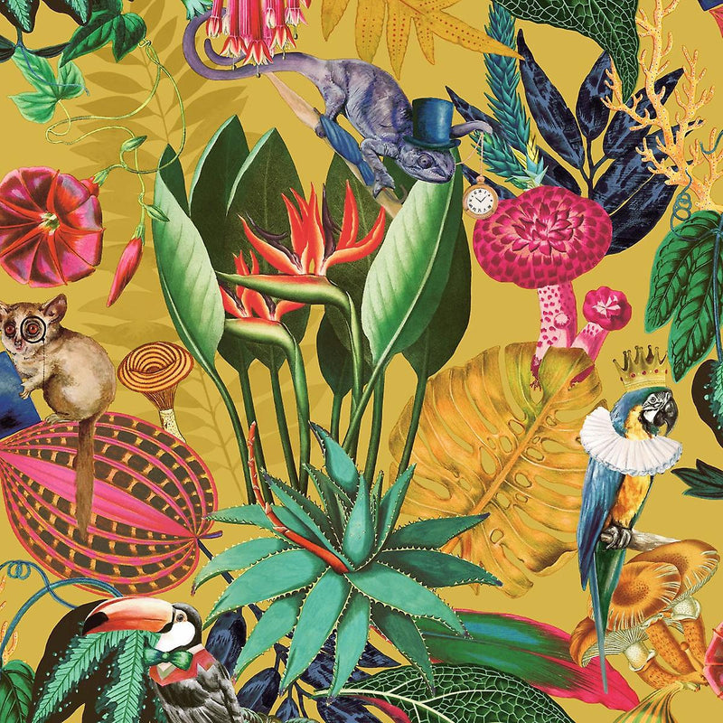 w9166190H Fabulous and striking tropical design in ochre with exotic and quirky animals, birds and plants.