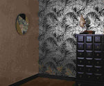 n90366202a Gold metallic foil palm leaf print on a stylish black background. Paste the wall.