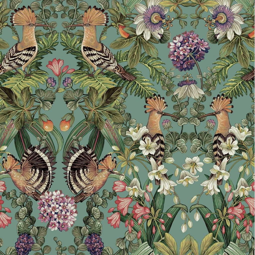 w1377521H Beautiful and trendy bird design with a funky mirrored effect in soft teal. Heavy weight wallpaper.