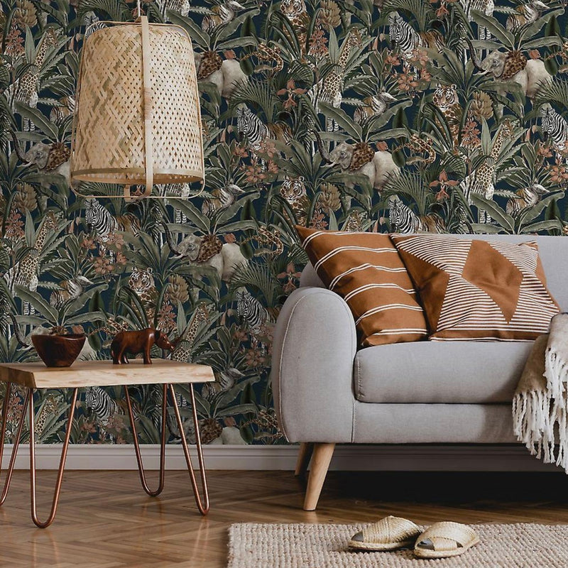 w1307712H Trendy eye-catching jungle wallpaper design set against a gorgeous navy background with beautiful safari animals and foliage. High quality wallpaper.