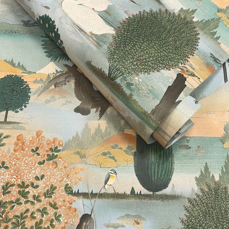 w1345590H Stunning and elegant swan lake design with beautiful foliage and trees in gorgeous green and orange shades. Heavy weight wallpaper.