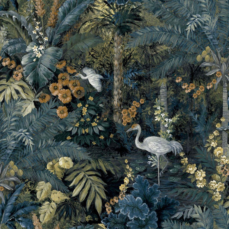 W1315580H Beautiful ‘hand-painted’ effect navy paradise design featuring beautiful cranes amongst exotic plants and flowers. Heavy weight wallpaper.