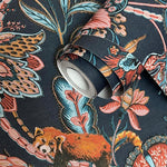 w1347751H Beautiful floral trails and leaves on a navy background with wildlife animals including red pandas, birds and tigers. High quality wallpaper.