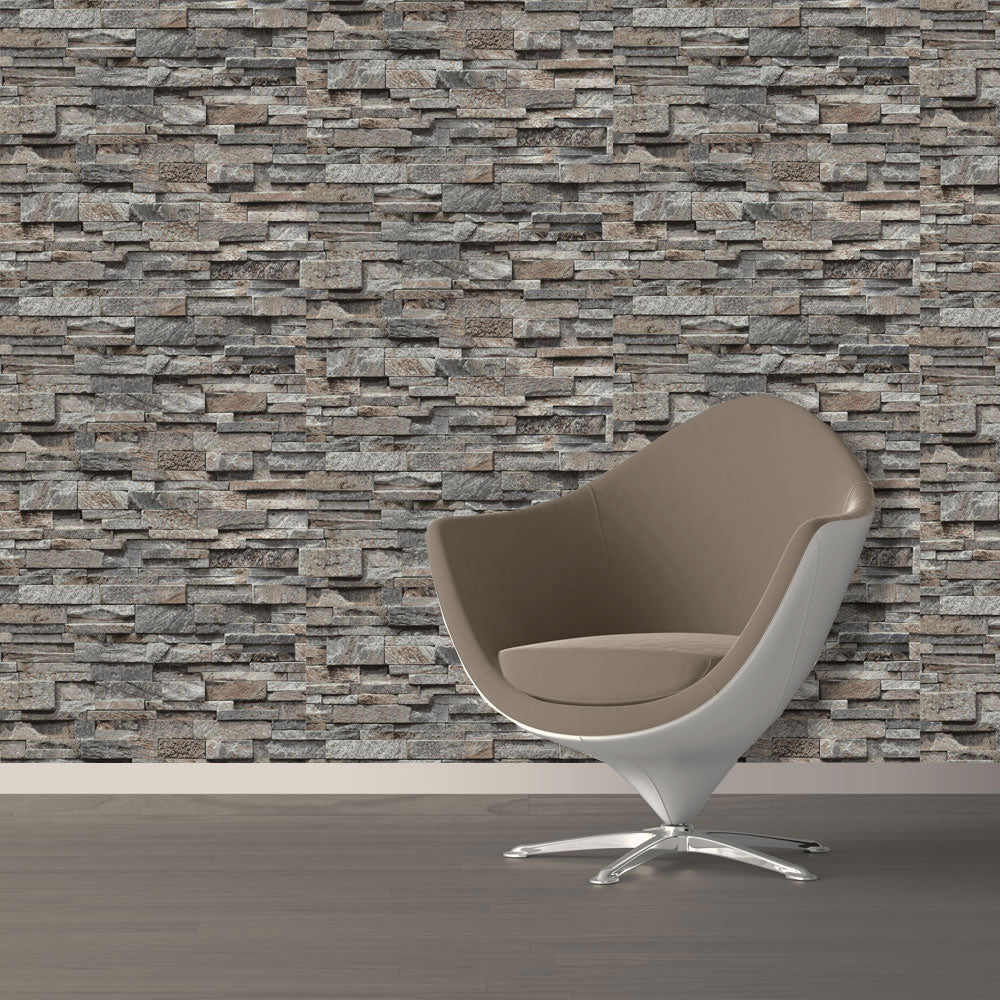 n023006320e Fabulous easy to hang '3D effect' slate brick in dark grey and natural stone tones. Paste the wall vinyl.