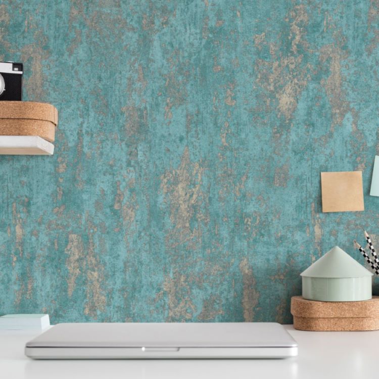 n102777318e Fabulous concrete effect design in gorgeous aqua blue and soft golden bronze tones. Paste the wall viynl.