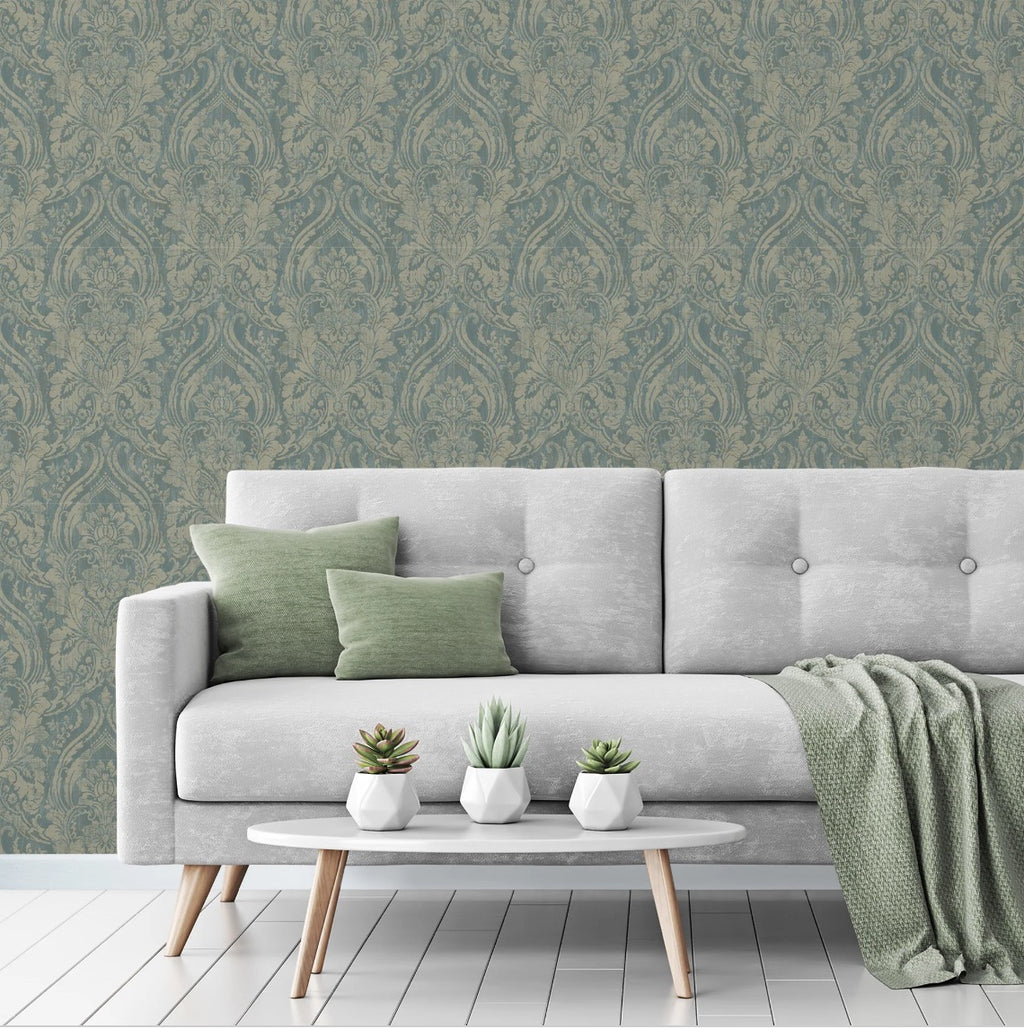 n18855401g Stunning and stylish distressed textured damask in teal and metallic gold. Paste the wall vinyl.