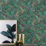 n46055834r Funky all over pattern with gorgeous leaves and flowers in blue, green and red tones on a rich deep background. Paste the wall.
