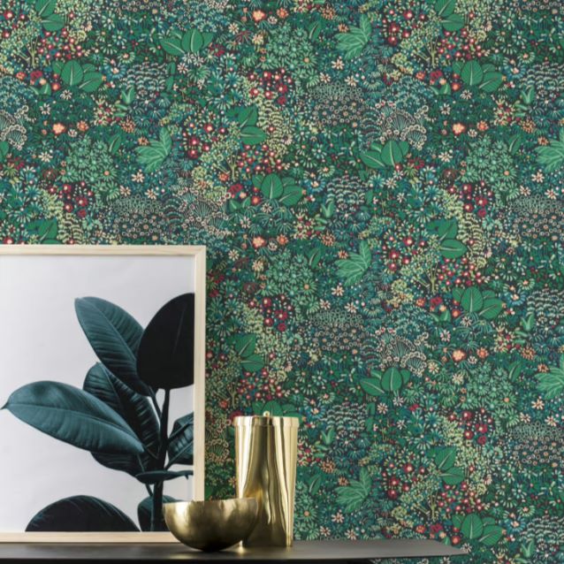 n46055834r Funky all over pattern with gorgeous leaves and flowers in blue, green and red tones on a rich deep background. Paste the wall.