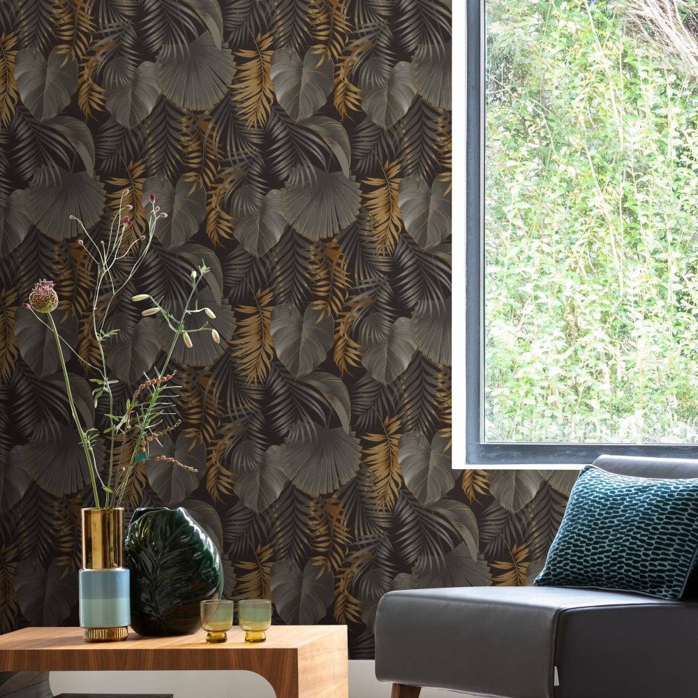 n46266043r Luxurious rainforest leaf design in black, charcoal and metallic gold. Paste the wall vinyl. Easy to hang and washable.