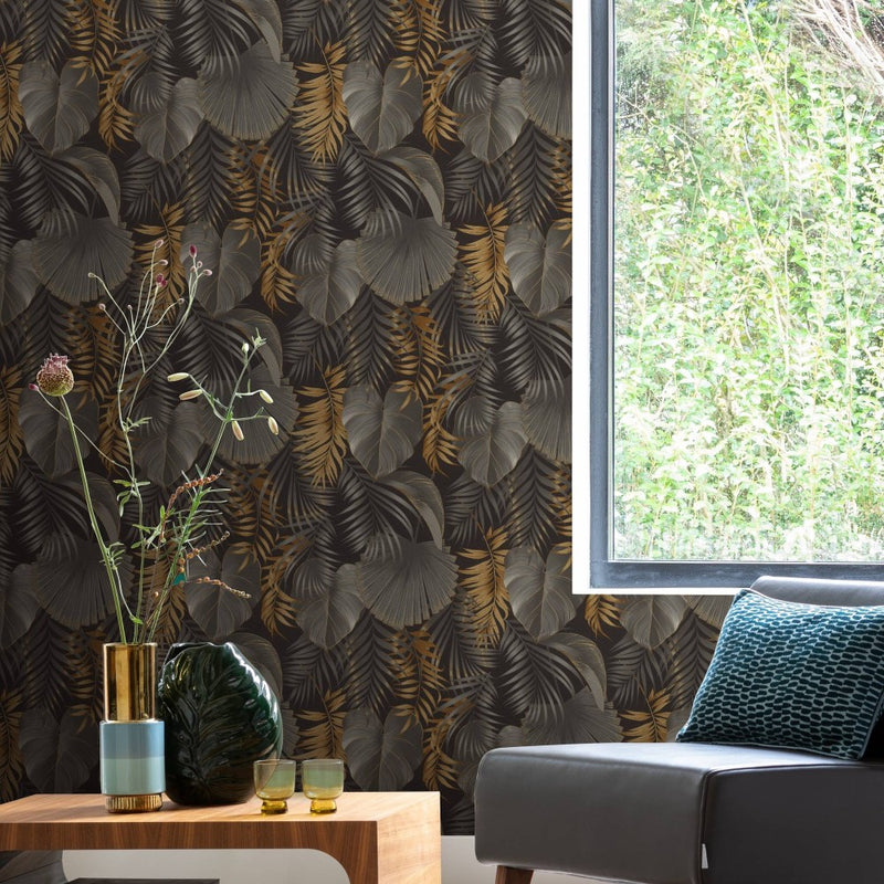 n46266043r Luxurious rainforest leaf design in black, charcoal and metallic gold. Paste the wall vinyl. Easy to hang and washable.