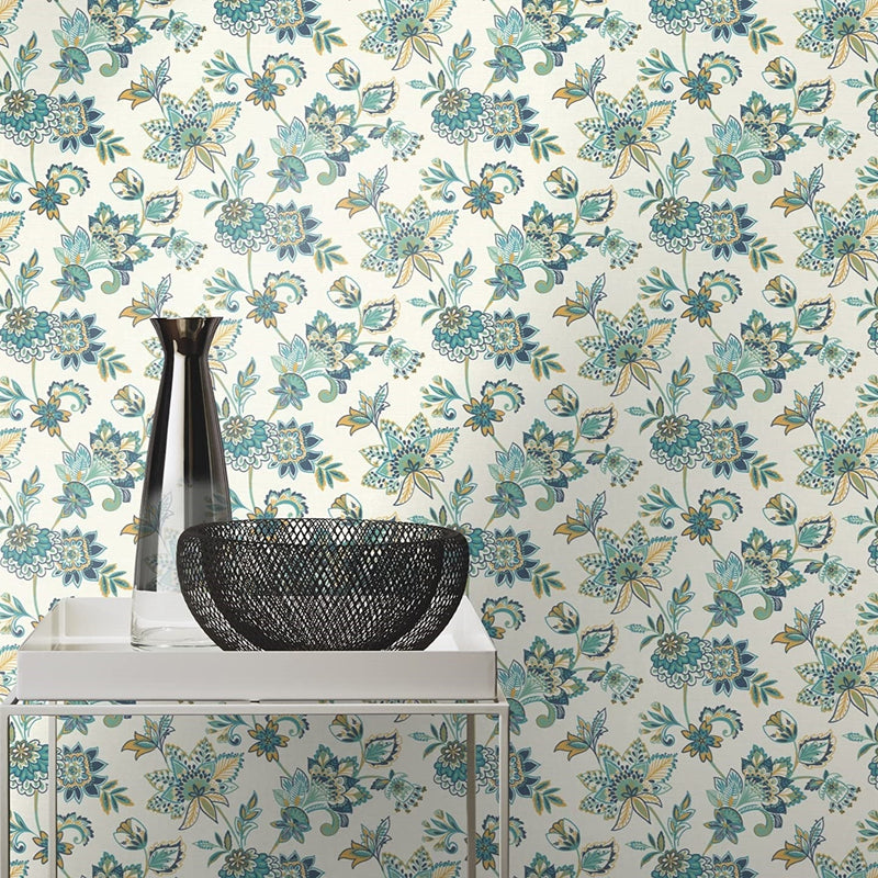 n46677737r Stunning jacobean floral trail in gorgeous blue and golden tones on a matt off-white background. Paste the wall vinyl.