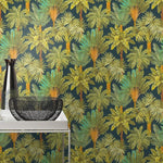n47877242r Gorgeous rich and vibrant tropical trees motif with gorgeous shades of greens on a fabulous dark blue background.