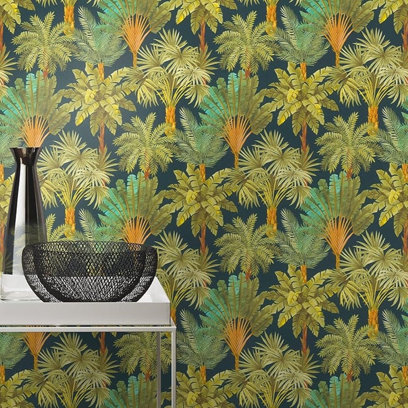 n47877242r Gorgeous rich and vibrant tropical trees motif with gorgeous shades of greens on a fabulous dark blue background.