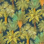 n47877242r Gorgeous rich and vibrant tropical trees motif with gorgeous shades of greens on a fabulous dark blue background.
