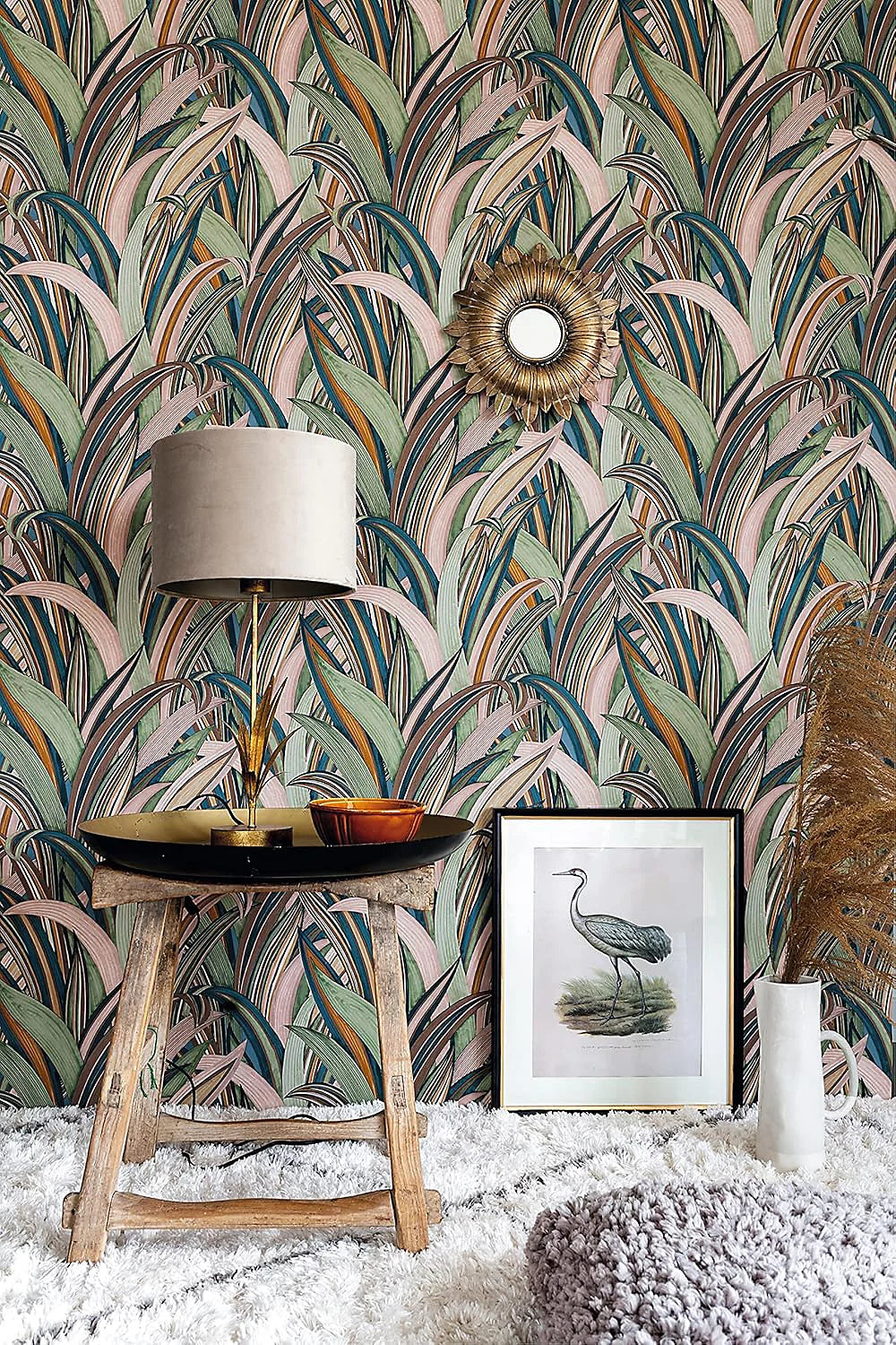 n54155243r Beautiful overlapping jungle leaf motif in gorgeous tones of green, pink, teal and orange. Paste the wall vinyl.