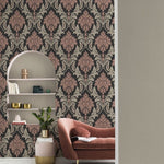 n54188656r Gorgeous glitter rose gold damask on a charcoal black background. Paste the wall vinyl.