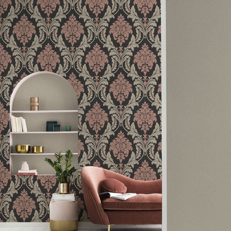 n54188656r Gorgeous glitter rose gold damask on a charcoal black background. Paste the wall vinyl.