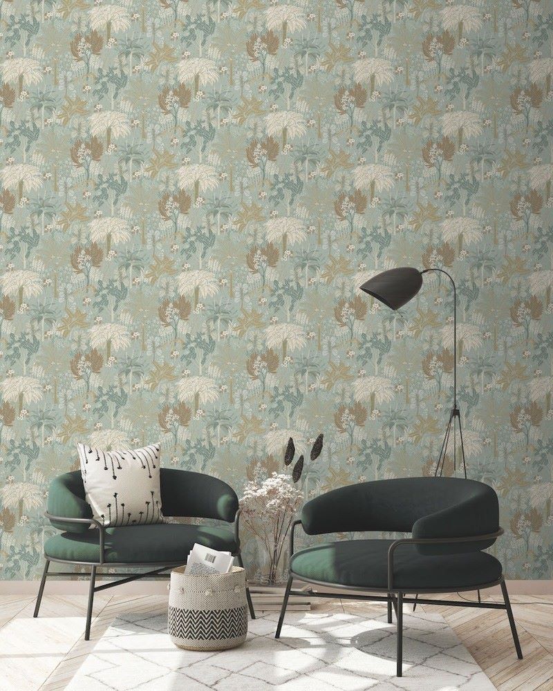 na5485502g Gorgeous tropical leaf and floral motif in sage green with metallic bronze and gold tones. Paste the wall vinyl.