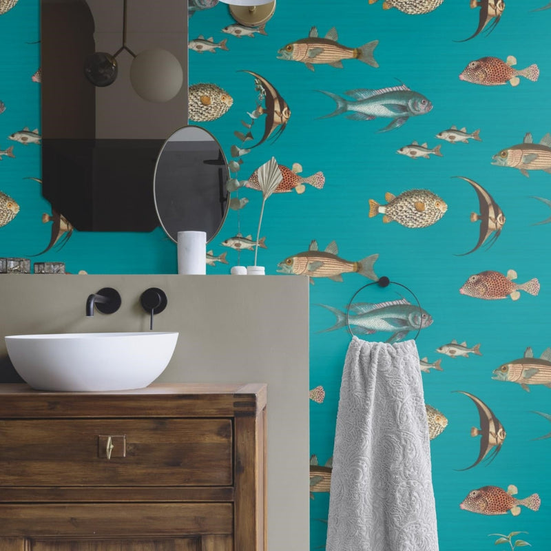 n55377536r Funky fish motif set on a turquoise blue matt background. Paste the wall.