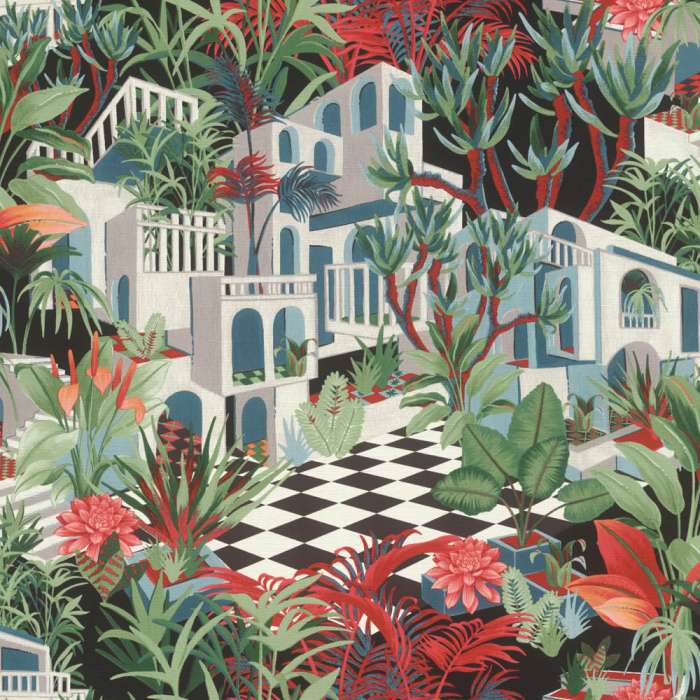 n68777408r Gorgeous multicoloured tropical house design with beautiful exotic jungle leaves and plants. Paste the wall.