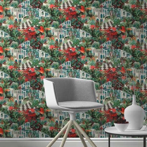 n68777408r Gorgeous multicoloured tropical house design with beautiful exotic jungle leaves and plants. Paste the wall.