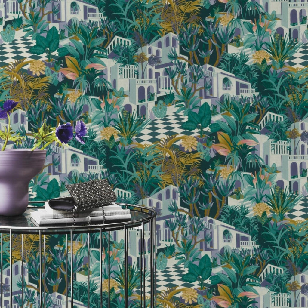 n68777415r Gorgeous multicoloured tropical house design with beautiful exotic jungle leaves and plants. Paste the wall.
