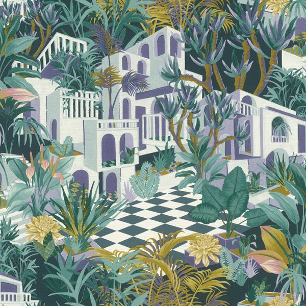 n68777415r Gorgeous multicoloured tropical house design with beautiful exotic jungle leaves and plants. Paste the wall.