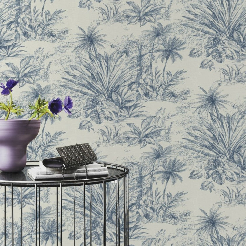 n69177207r Beautiful toile inspired jungle design in gorgeous blue tones. Paste the wall vinyl.