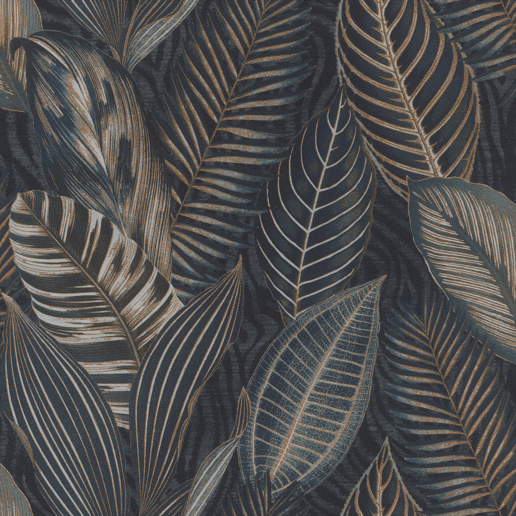 n75177840r Stunning and eye-catching large leaf motif in navy with gorgeous tones of gold, copper and teal. Brilliant quality paste the wall vinyl.