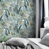 n83377997r Striking all over leaf motif in gorgeous blue and golden tones on a soft background. Paste the wall vinyl. Easy to hang and washable.