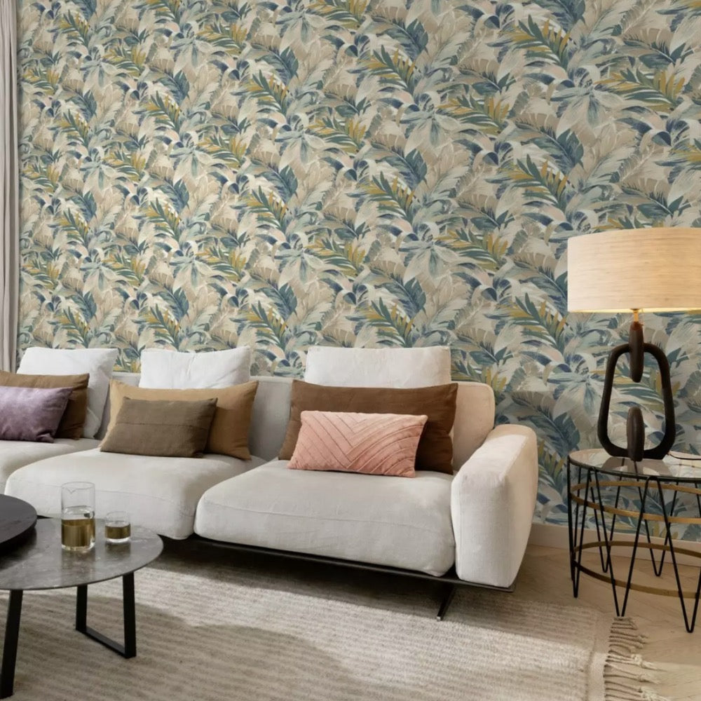 n86566202r Fabulous leaf forest motif in gorgeous beige, green, blue and golden tones. Paste the wall vinyl.