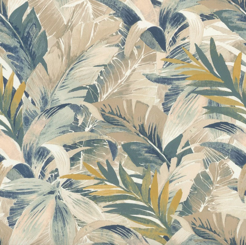 n86566202r Fabulous leaf forest motif in gorgeous beige, green, blue and golden tones. Paste the wall vinyl.